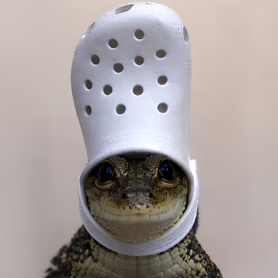 A baby crocodile wearing a white Croc as a helmet